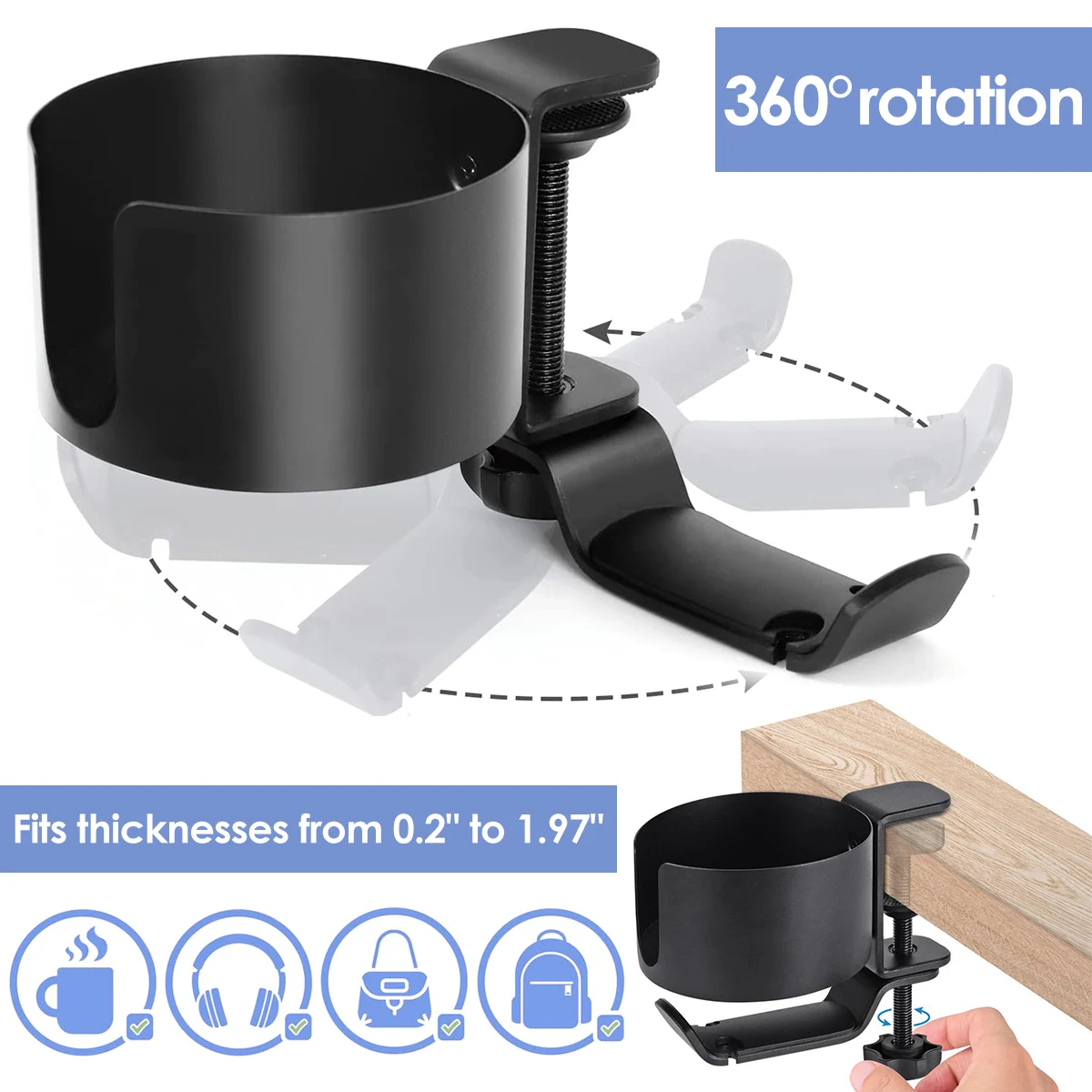 2 in 1 Schreibtisch becher halter 360 drehbar verstellbare Arm klemme Kopfhörer haken Flaschen halter Tisch Seite Getränke halter für Schreibtisch Tisch heiß