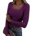 DENGDENG Long Sleeve Shirt Women Compression Ribbed Knitted Crop Scoop Neck Sexy Plus Size Tops Slim Fit Sweater Sexy Tight Clothes Warm Solid Color Basic Tees Purple S