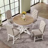 Round 5-Piece Wood Extendable Dining Table Set with Fabric Upholstered Armless Dining Chairs and Extension Leaf for Dining Room