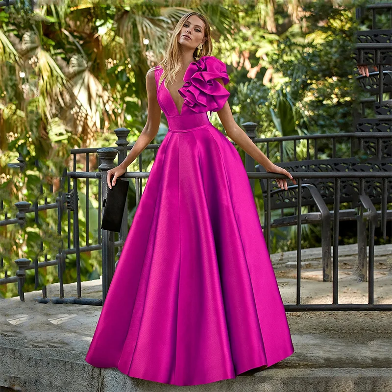 Fuchsia Abendkleider, lange Satin-Rüschen, A-Linie, bodenlang, ärmellos, V-Ausschnitt, formelle Party-Abschlussball-Kleider, Abschlusskleid für Damen Image