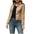 Winter Savings Clearance! Kukoosong Womens Leather Jacket Shacket Jacket Plus Size Faux Motorcycle Plain Zip up Short Coat with Pocket Long Sleeve Casual Collar Outerwear Tops Khaki 3XL