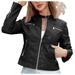 Lovskoo 2024 Women Faux Leather Short Jacket Fall and Winter Fashion Long Sleeve Motorcycle Biker Casual Slim Bomber Coat Black