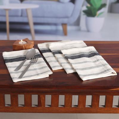 Midnight Meals,'Set of 4 Handwoven Black and White Striped Cotton Napkins'