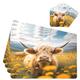 Mnsruu Placemats and Coaster Set of 4, Yellow Flowers Highland Cow Table Mats PVC Heat Resistant Waterproof Non-Slip Dinner Table Mats