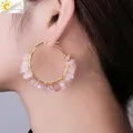 Csja Luxus Naturstein Creolen für Frauen Gold Farbe Draht Wrap Chip Perle rosa Kristall Ohrringe