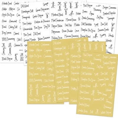 8 Blatt/Set transparente Gewürzetiketten, vorgedruckt, wasserfest, schwarz-weiß, Buchstaben, Image