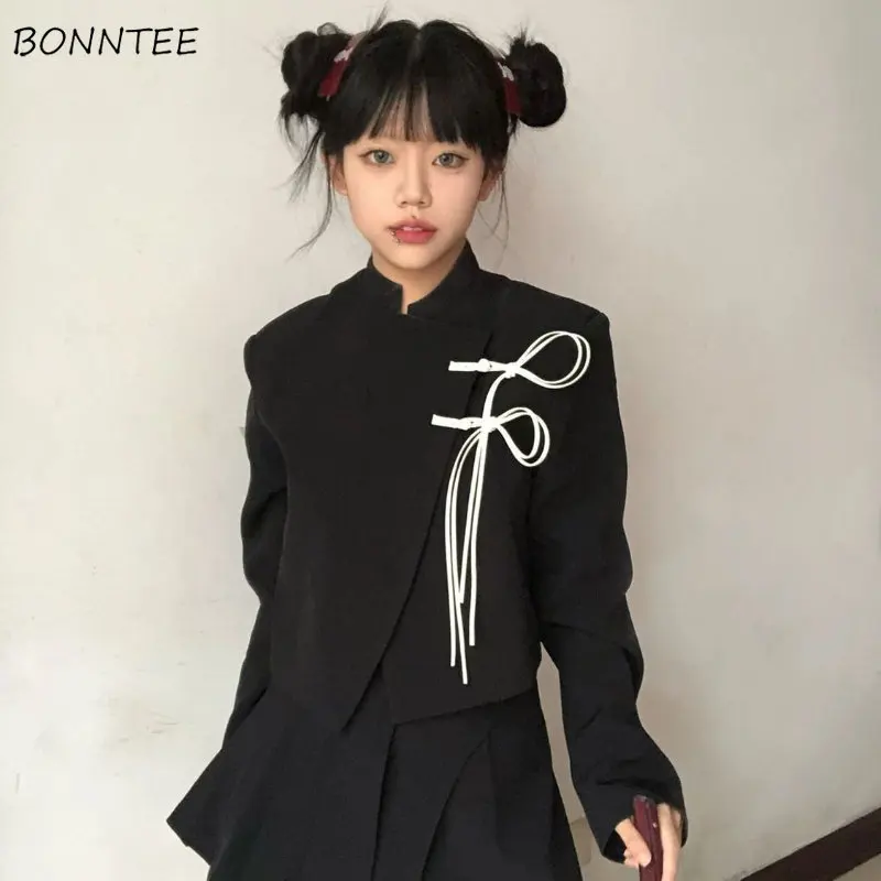 Schwarze Blazer für Frauen, abgeschnitten, Stehkragen, Retro, chinesische Modekleidung, mädchenhaft, Y2k-Temperament, Streetwear, traditioneller Designer Image