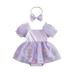 Baby Girls Romper Dress Off Shoulder Puff Sleeve Floral Print Mesh Patchwork Jumpsuits with Headband