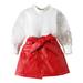Toddler Girl Fall Outfits Long Sleeve Long Sleeve Solid Colour Ribbed Tops Bowknot Skirt Belt Three Piece Outfits Set Baby Boy Fall Outfits Red 6 Years-7 Years