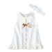 mveomtd Girl s Wear Round Collar Pure Color Lace Short Sleeve Dress Bow Scarf Suit Toddler Girl Outfit New Born Baby Package