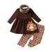 Fall Outfits For Girls Thanksgiving Baby Cute Turkey Long Sleeve Princess Dress Blouse Tops Plaid Pant Trousers With Headbands Outfit Set Clothes 3Pcs Girls Clothing Sets Brown 4 Years-5 Years