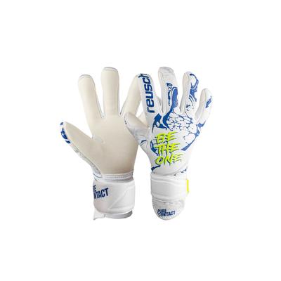 Torwarthandschuhe REUSCH "Pure Contact Silver Junior", Kinder, Gr. 4, weiß (weiß, blau), 49% Polyester, 43% Elastodien, 8% Polyamid, mehrfarbig, sportlich, Handschuhe, mit sehr gutem Grip