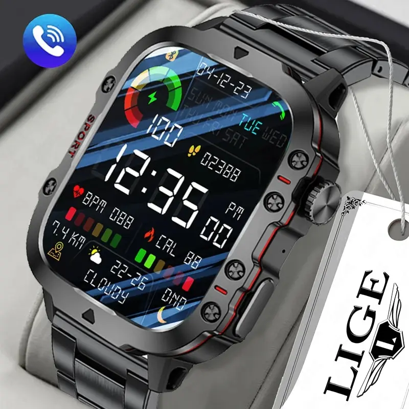 LIGE Neue Smart Watch 1,96 Zoll Bildschirm 420MAh Bluetooth Anruf Sprachassistent Uhr Sport Fitness Wasserdichte Smartwatch Für Männer Image