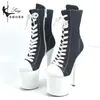 15 17 20 cm Super Hohe Nachtclub Plattform Heels Riemchen Leinwand frauen Stiefeletten Sexy Runde Kappe Pole Dance schuhe Damen Stiefel