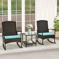 Gymax 3 Pieces Rocking Wicker Bistro Set Outdoor Front Porch Rocker Chairs Conversation Set Turquoise