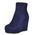 LUXMAX Womens Faux Suede Wedge Platform Ankle Boots Zip Up Autumn Winter Booties Size 3.5UK,Navy Blue