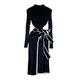 SHINROAD Long-sleeved Knitted Dress Elastic Maxi Women Vintage Belted Tight Waist Sheath High Neck Long Sleeve Slim Fit Split Hem Solid Black One Size