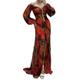 SHINROAD Women Floral Dress Elegant Long-sleeved Dress Women's Elegant Off Shoulder Rhinestone Decor Pleated Long Lantern Sleeve Split Hem Maxi Dress Wine Red XL