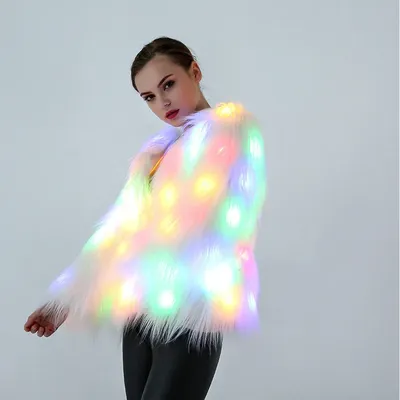 Manteau en fausse fourrure pour femme veste LED brillante costume de danse lumineux sweat à