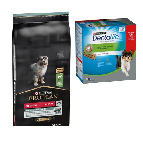 PURINA PRO PLAN Trockenfutter + passende Dentalife Snacks gratis! - 12 kg Medium Puppy Lamm &...