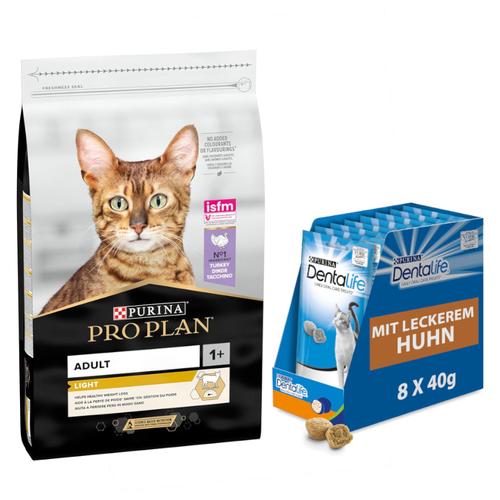 10kg PRO PLAN Light Adult reich an Truthahn PURINA Katzenfutter trocken + 8x40g Dentalife...