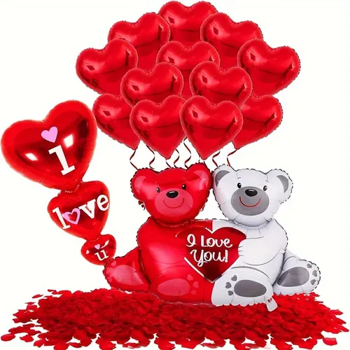 508 stücke riesiger Teddybär ballon mit 500 roten Rosen blättern und roten herzförmigen Luftballons