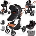 Baby Pram Pushchair Buggy with Car Seat Lightweight Stroller Folding Strollers 3 in1 Travel System Baby Trolley Baby Pram for Newborns Toddlers 0-36 Months from Birth (Black - Silver Frame)