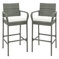 Gymax Set of 2 Rattan Patio Bar Stools Outdoor Bar Height Chairs w/ Cushions