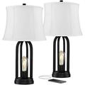 HBBOOMLIFE Lighting Marcel Industrial Modern Table Lamps 24.25 High Set of 2 with USB Charging Port and Nightlight LED Black Cream Fabric Drum Shade for Living Room Desk Bedroom Hous