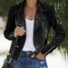 Womens Faux Leather Notch Collar Moto Biker Jacket Solid Color Long Sleeve Casual Short Coat