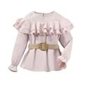 Fimkaul Girls Tops T Shirts Solid Bowknot Long Ruffled Sleeve Patchwork Mesh Solid Blouse With Belt Outfits T-shirts Baby Clothes Pink
