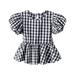 Fimkaul Girls Tops T Shirts Summer Plaid Top Pleated Hem Crew Neck Short Sleeves Casual Seaside Exclusive For 0 To 6 Years T-shirts Baby Clothes Black