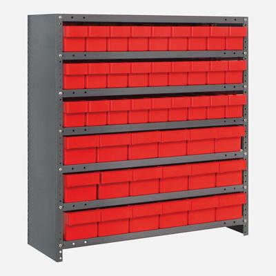 Quantum Super Tuff 36" x 18" x 39" Steel Closed 7-Shelf Euro Drawer Shelving System with (27) 17 5/8" x 3 3/4" x 4 5/8" and (18) 17 7/8" x 5 9/16" x 4 5/8" Red Bins CL1839-624RD