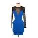 Bebe Cocktail Dress - Mini Crew Neck Long sleeves: Blue Print Dresses - Women's Size X-Small