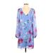 INC International Concepts Casual Dress - Mini V Neck Long sleeves: Blue Floral Dresses - Women's Size X-Small