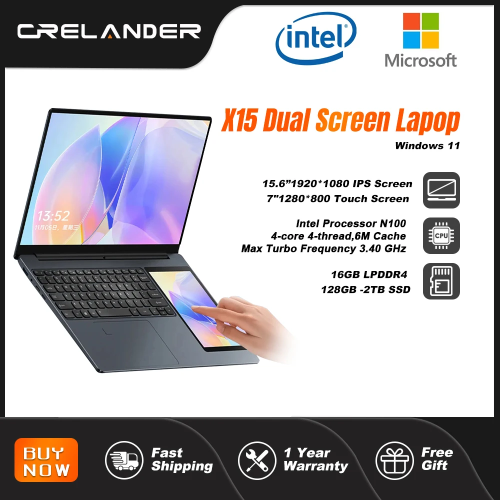 CRELANDER X15 ordinateur portable à double écran 15.6 "IPS + 7" écran tactile 16g ddr4 2tb SSD processeur Intel N100 ordinateur portable Windows11