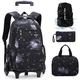 DYMY 4 pcs Trolley Backpack Children's School Backpack Girls Boys Teenager Backpack with Wheels Teens School Bag with Wheels Girls School Bag Blue 31 x 16 x 45 cm, 5116 Galexy Noir, Backpack