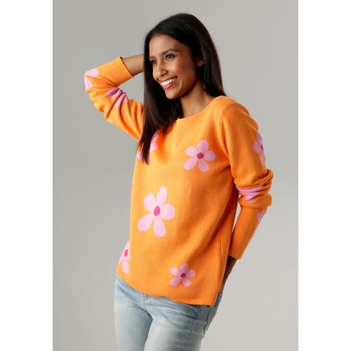 Rundhalspullover ANISTON SELECTED Gr. 48, bunt (orange, rosa, fuchsia glänzend) Damen Pullover mit goldfarbenen Details im Blumenmuster