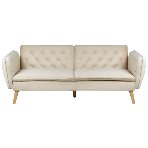 Sofa Beige Samtstoff 2-Sitzer Schlaffunktion mit Hellen Holzbeinen Knopfheftung Modern Chesterfield Stil Wohnzimmer Schlafzimmer Ausstattung