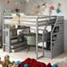 Full Size Loft Bed Frame with Desk and 3-Shelves, Pine Kids Storage Bed with 2-Built-in Drawers and Storage Staircase, Grey