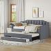 Twin Size Linen Upholstered Daybed with Trundle & Three Drawers, Solid Wood Bed Frame with Armrests, Wooden Slat Support