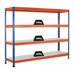 PROREGAL Weitspannregal mit Stahlpaneelen Z1 | HxBxT 243,8x184x92,6cm | 4 Ebenen | Fachlast 545kg | Blau/Orange/Verzinkt Image