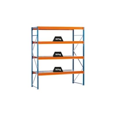 PROREGAL Weitspannregal mit Stahlpaneelen W 100 | Grundregal | HxBxT 250x178,5x120cm | 4 Ebenen | Fachlast 557 kg | Blau/Orange/Verzinkt Image