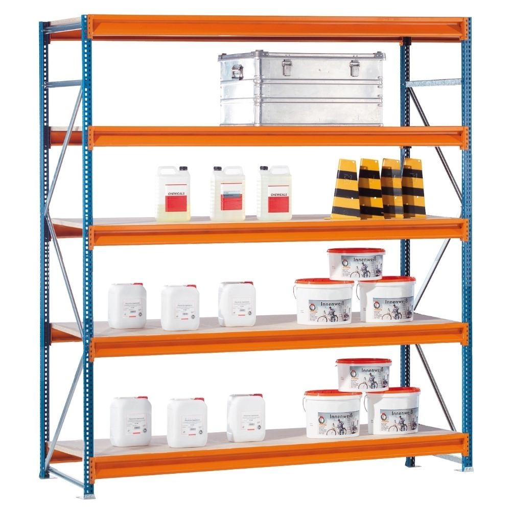 PROREGAL Weitspannregal mit Spanplatten W 100 | Grundregal | HxBxT 300x214x60cm | 5 Ebenen | Fachlast 950 kg | Blau/Orange/Verzinkt Image