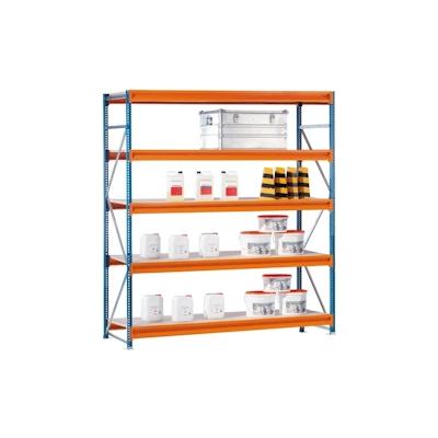 PROREGAL Weitspannregal mit Spanplatten W 100 | Grundregal | HxBxT 300x250x60cm | 5 Ebenen | Fachlast 1015 kg | Blau/Orange/Verzinkt Image