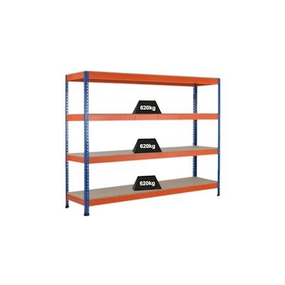 PROREGAL Weitspannregal mit Spanplatten Z1 | HxBxT 3048x214,6x77,3cm | 4 Ebenen | Fachlast 620kg | Blau/Orange/Verzinkt Image