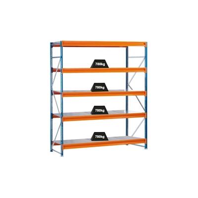 PROREGAL Weitspannregal mit Stahlpaneelen W 100 | Grundregal | HxBxT 300x250x120cm | 5 Ebenen | Fachlast 780 kg | Blau/Orange/Verzinkt Image