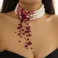 IngeSight.Z – collier multicouche de perles d'imitation pour femmes, gothique, goutte d'huile, cristal rouge, pompon, ras du cou, bijoux d'halloween