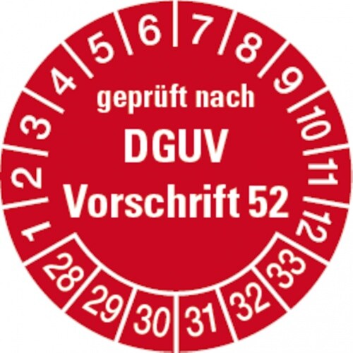 Dreifke® Prüfplakette geprüft nach DGUV Vorschrift 52, ab 28 rot - 30 mm Folie selbstklebend, 10 St Image