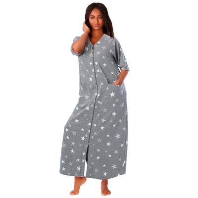Plus Size Women's Long French Terry Zip-Front Robe by Dreams & Co. in Heather Grey Stars (Size 2X)